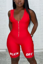 Red Casual letter Solid zipper Milk. Sleeveless V Neck  Rompers