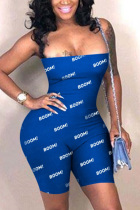 Blue Sexy Print letter Backless bandage Chemical fiber blend Sleeveless Wrapped  Rompers