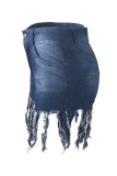 Blue Denim Button Fly Zipper Fly Mid Solid Patchwork Tassel Straight shorts 