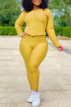 Yellow Casual Solid O Neck Long Sleeve Two Pieces