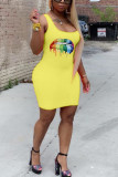 Yellow Sexy Fashion Spaghetti Strap Sleeveless Slip Hip skirt Mini Fluorescent Print Solid Casua