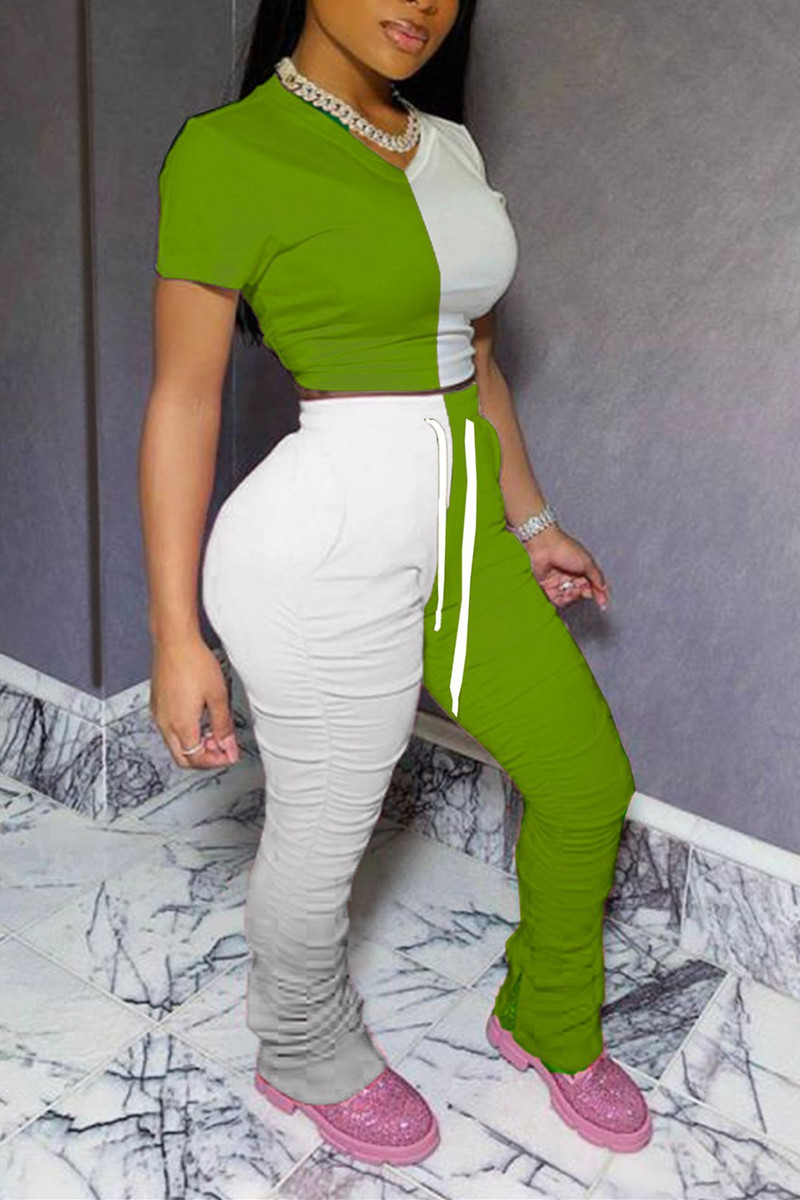 Fashion Sexy Stitching Green Sports Pants Set