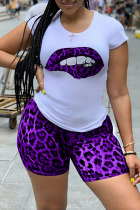 purple Polyester adult Street Fashion Two Piece Suits Print Lips Print Leopard Straight Short Sleeve 