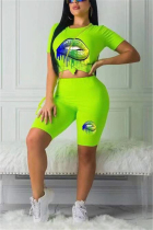 Fluorescent green Polyester Casual adult Fashion Print Two Piece Suits Lips Print Short Sleeve 