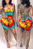 Orange Rainbow Color Sexy Tie-dyed Coloured drawing bandage Sleeveless Wrapped Rompers