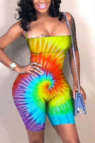Yellow Rainbow Color Sexy Tie-dyed Coloured drawing bandage Sleeveless Wrapped Rompers