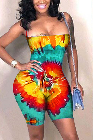 Orange Sexy Fashion Tie-dyed Coloured drawing bandage Polyester Sleeveless Wrapped  Rompers