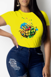Yellow Casual Print Patchwork O Neck Tops