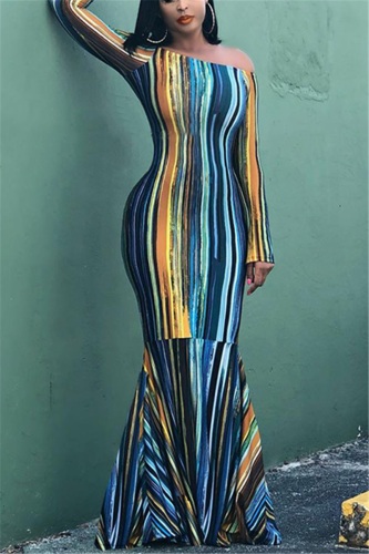StripedMulticolor Fashion Retro Slim Word Shoulder Fishtail Dress