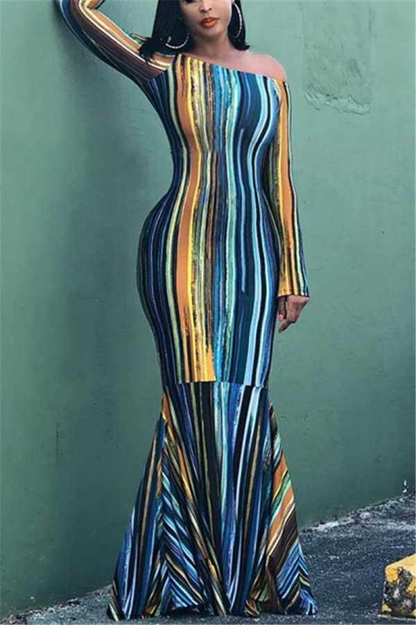 StripedMulticolor Fashion Retro Slim Word Shoulder Fishtail Dress