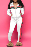 White Casual Striped Hooded Collar Blending Two-piece Pants Set