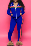 Blue Casual Striped Hooded Collar Blending Two-piece Pants Set