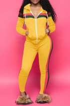 Yellow Casual Striped Hooded Collar Blending Two-piece Pants Set