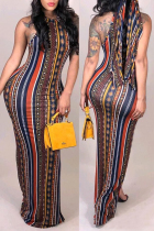 Multi-color Bohemian Off The Shoulder Sleeveless O neck Step Skirt Ankle-Length Print Dresses