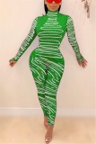 Green Fashion Sexy Print Patchwork Long Sleeve Turtleneck Jumpsuits