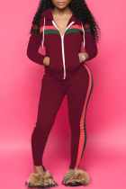 Wine Red Casual Striped Hooded Collar Blending Two-piece Pants Set