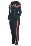 Black Casual Striped Hooded Collar Blending Two-piece Pants Set