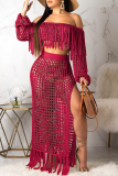 Tangerine Red Sexy Pierced See-through Off the Shoulder Long Sleeve Two Pieces
