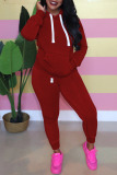 Wine Red Casual Solid Hooded Collar Plus Size