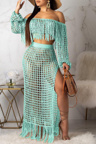 Cyan Sexy Pierced See-through Off the Shoulder Long Sleeve Two Pieces