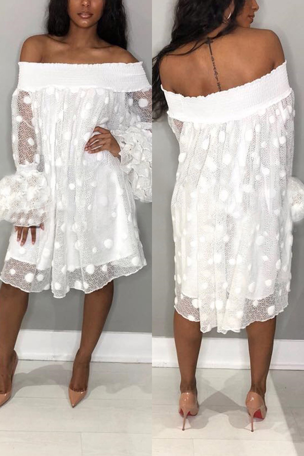 White Sexy Off The Shoulder Long Sleeves One word collar Swagger Knee-Length Solid Club Dresses