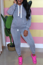 Grey Casual Solid Hooded Collar Plus Size 