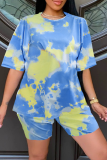 Light Blue Casual Patchwork Tie-dye O Neck Short Sleeve Two Pieces