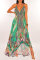 Green Vintage Print Patchwork Spaghetti Strap Sling Dress Dresses