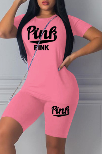 Pink Sexy Print Patchwork O Neck Short Sleeve Two Pieces
