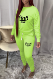 Fluorescent Green Sexy Print Patchwork O Neck Long Sleeve Two Pieces