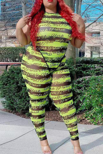 Fluorescent Green Sexy Striped Letter O Neck Plus Size 