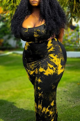 Black Sexy Patchwork Tie-dye Square Collar Straight Plus Size Dresses