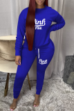 Royal Blue Sexy Print Patchwork O Neck Long Sleeve Two Pieces