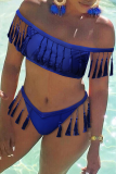 Blue Sexy Solid Tassel Patchwork Swimwears