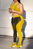 Yellow Sportswear Color Block Split Joint U Neck Sleeveless Two Pieces