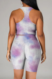 Light Purple Fashion Casual Tie Dye Split Joint U Neck Sleeveless Two Pieces
