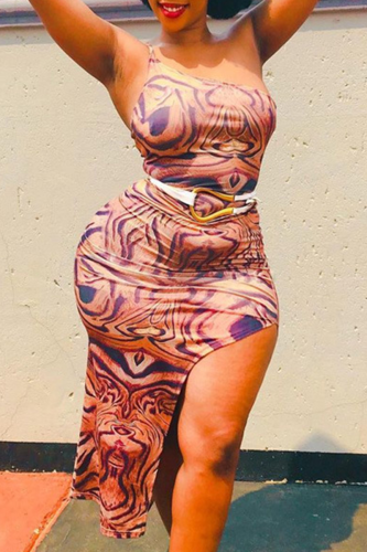 Pink Sexy Print High Opening One Shoulder Irregular Dress Plus Size Dresses