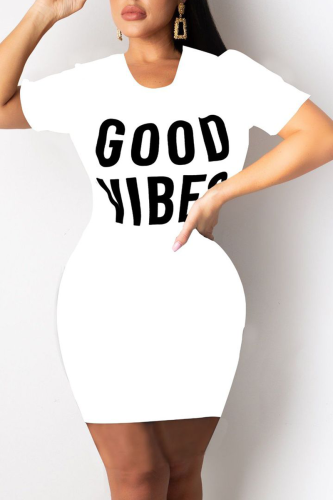 White Casual Print Patchwork O Neck Pencil Skirt Dresses
