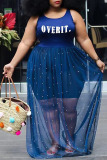 Blue Sexy Letter Pearl Mesh Spaghetti Strap Lantern Skirt Plus Size Dresses