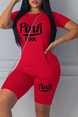 Red Sexy Print Patchwork O Neck Short Sleeve Two Pieces