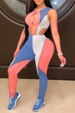 Pink Sexy Color Block Hollowed Out O Neck Skinny Jumpsuits