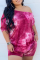 Red Casual Patchwork Tie-dye One Shoulder Plus Size Two Pieces