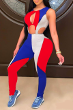 Red Sexy Color Block Hollowed Out O Neck Skinny Jumpsuits