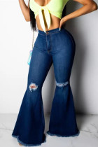 Blue Denim Button Fly Zipper Fly High Zippered Hole washing Pocket Boot Cut Pants 