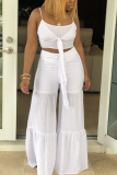 White Fashion perspective crop top Solid Straight Two-piece Pants Set
