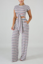 White Polyester Sexy Fashion Slim fit Bandage Striped crop top Skinny Straight  Two-piece Pants Set