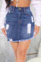 Dark Blue Sexy Patchwork Ripped Mid Waist Regular Denim Skirts