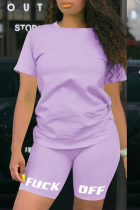 Purple Casual Print Patchwork O Neck Short Sleeve Two Pieces