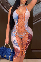 Blue Sexy Patchwork Tie-dye Swimwears