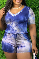 Blue and gray Casual Print Tie Dye O Neck Plus Size Jumpsuits